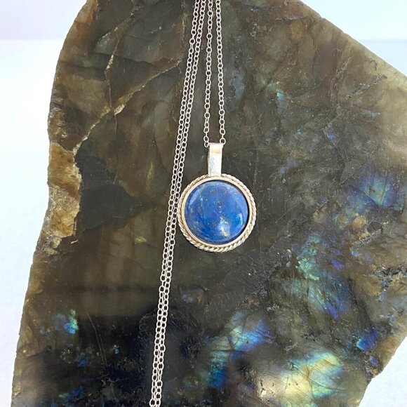950 Silver Dainty Round Lapis Lazuli Pendant Cabochon Necklace 18" Cable Chain - Picture 13 of 16